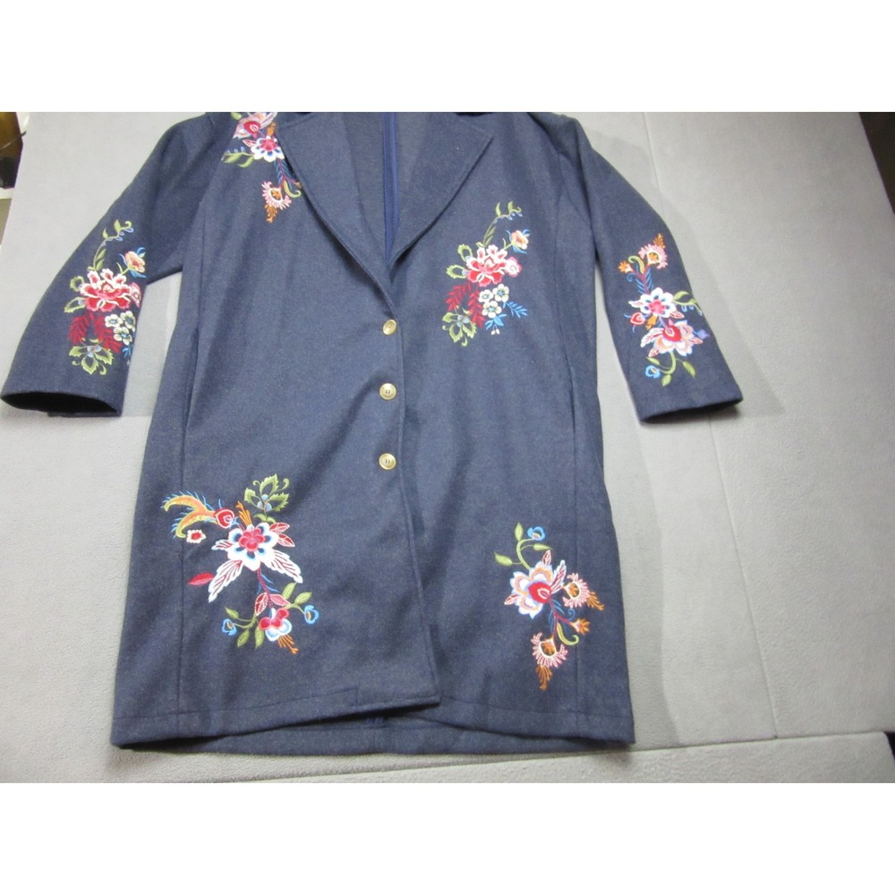 Trench Coat Jacket Women XL Blue Floral Vibrant Embroidered Longline Blazer - Picture 3 of 15